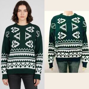 Vintage Bohemian Oversized Multicolored Green Pattern  Crew Neck Sweater jumper